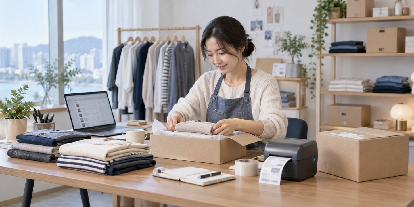 상품 포장 공간에서 노트북으로 업무를 보는 운영자 — 음식점 카드단말기 설치비설치비, 오픈 앞두고 걱정되시죠? 연락 주시면 0원으로 시작하는 길을 같이 짚어 드립니다.
