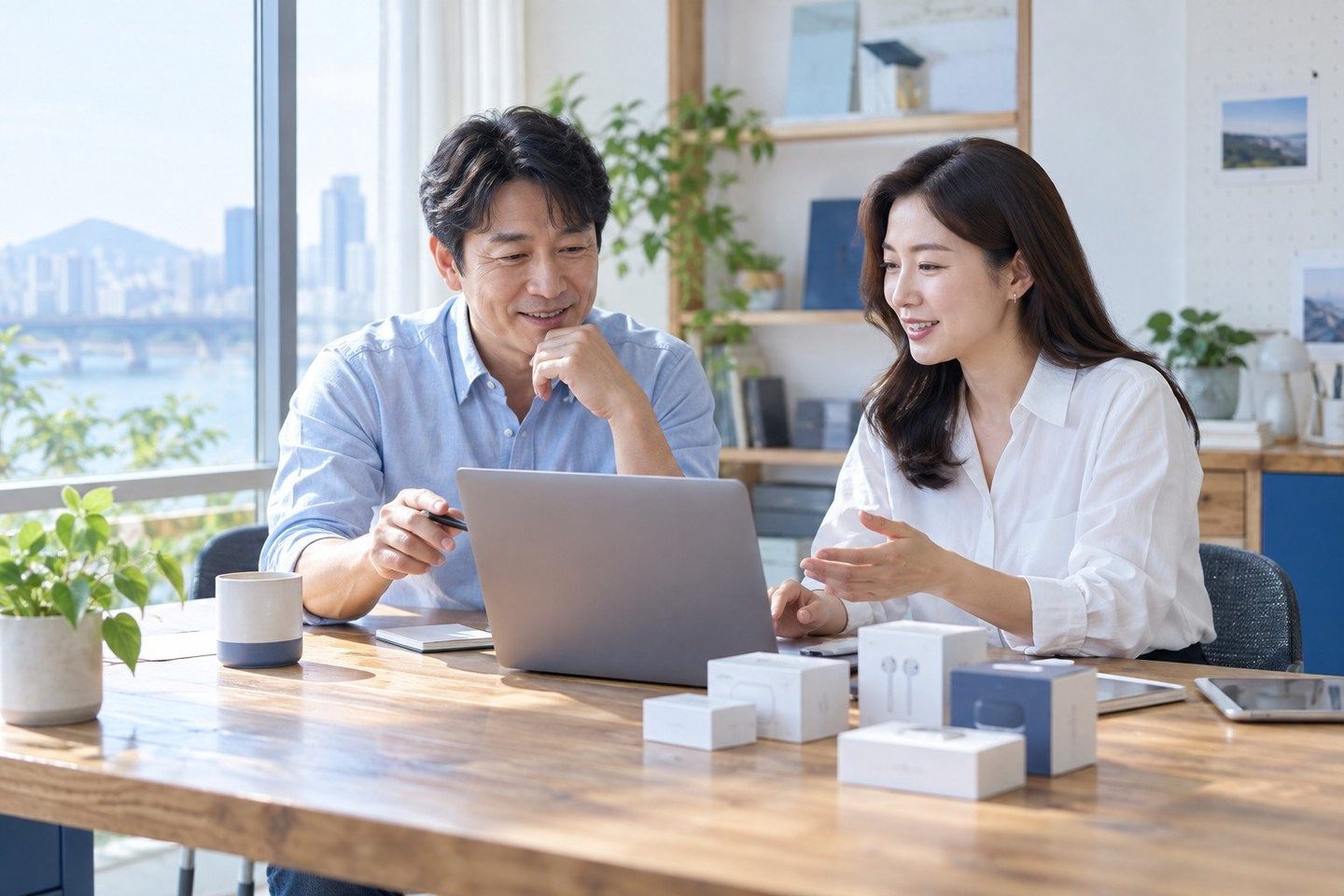 나란히 앉아 서류의 항목을 확인하는 두 사람 — 음식점 카드단말기 입금일입금일, 아직 못 정하셨나요? 연락 주시면 식자재 결제일에 맞춰 함께 골라 드립니다.