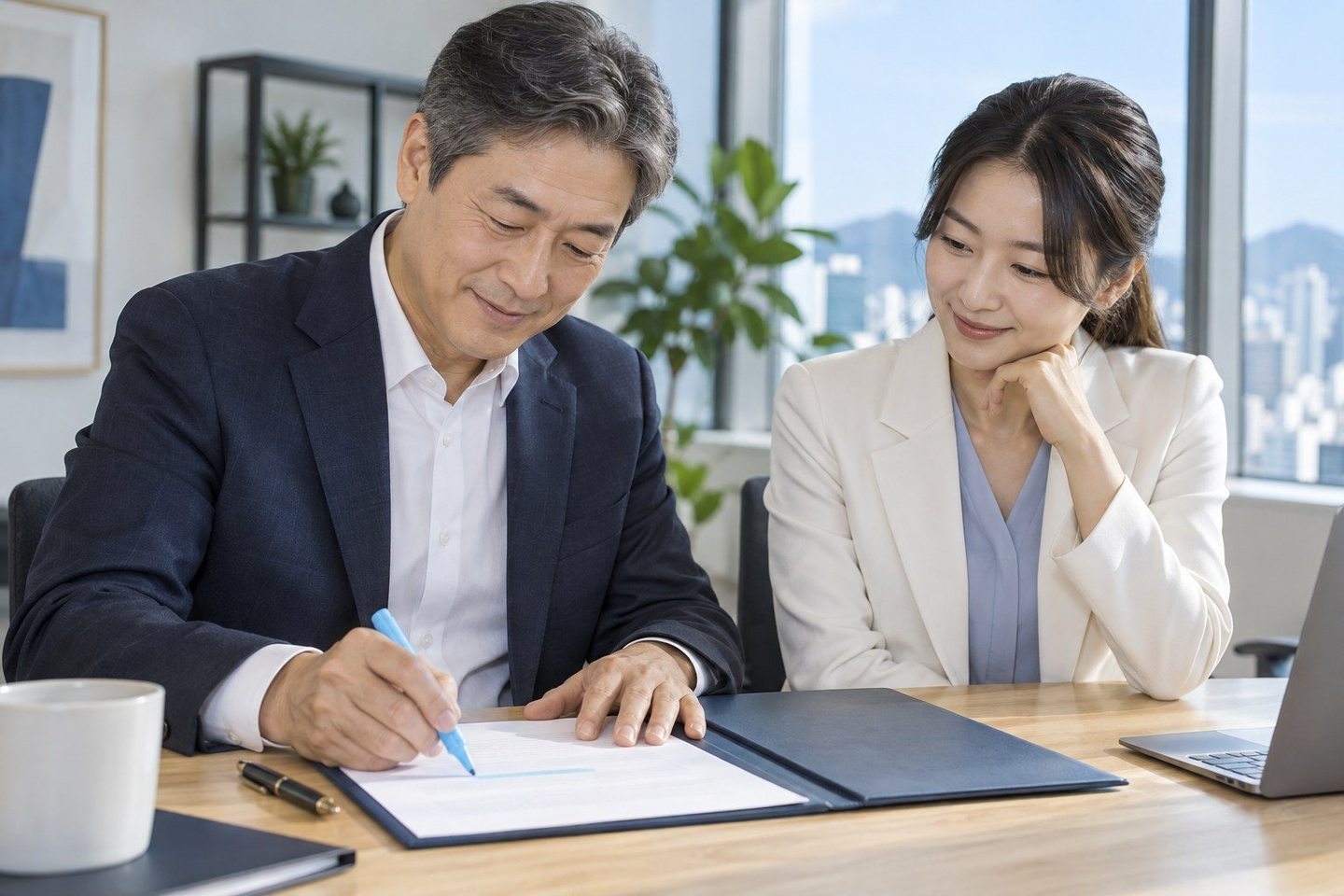 서류에 표시된 내용을 함께 읽는 두 사람 — 음식점 카드단말기 포스 연결포스 연결, 주문과 결제를 한 줄로 이어요 연락 주시면 쓰실 포스에 맞춰 이어 드립니다.