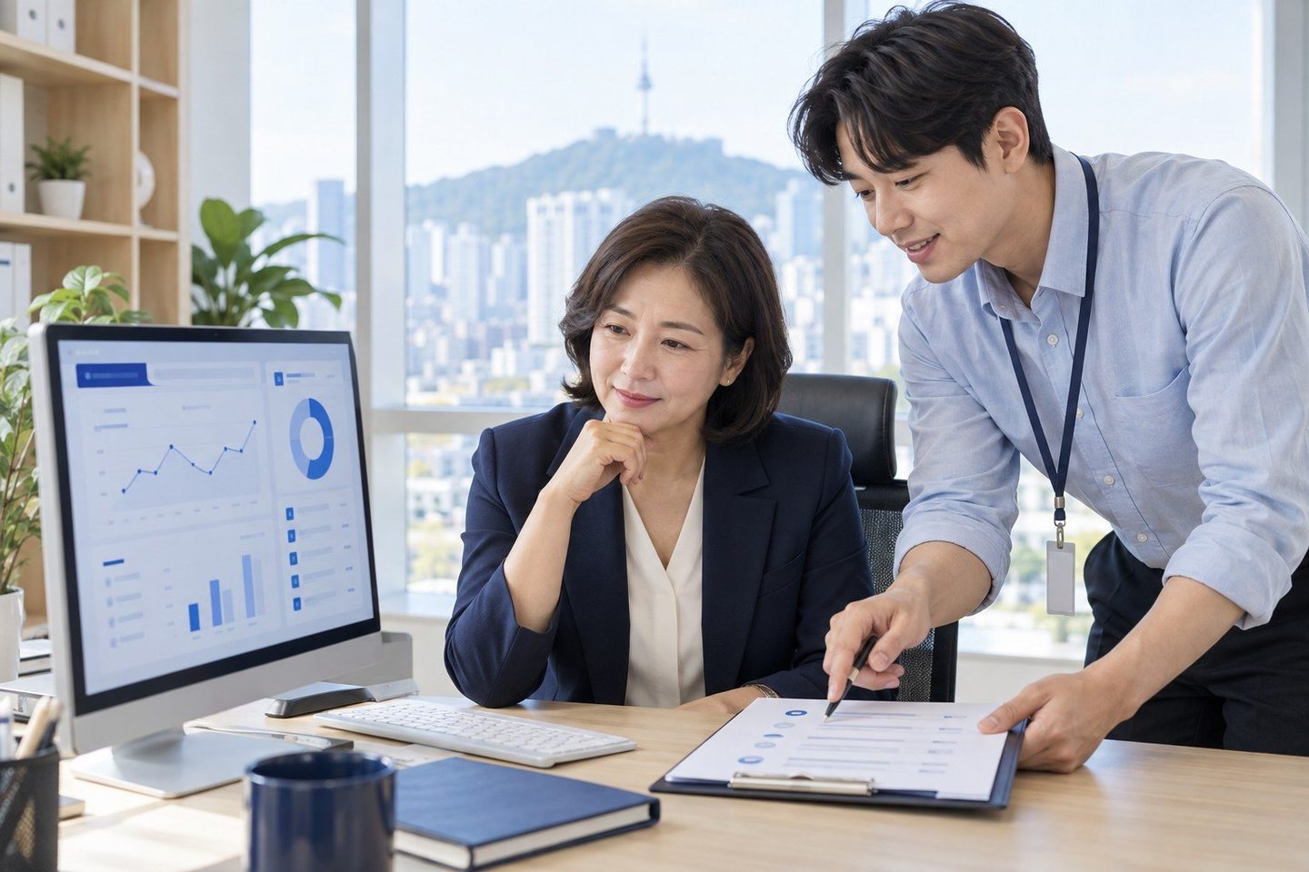 온라인 업무 화면을 함께 확인하는 두 사람 — 음식점 카드단말기 영업신고영업신고, 무엇이 먼저일까요? 연락 주시면 서류 차례에 맞춰 신청을 이어 드립니다.
