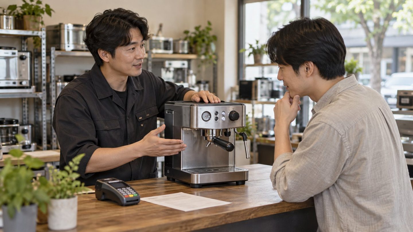 카운터에서 결제 방법을 설명하는 두 사람 — 음식점 카드단말기 계산대계산대, 공사 끝나기 전에 잡아요 연락 주시면 배선 위치까지 함께 봐 드립니다.